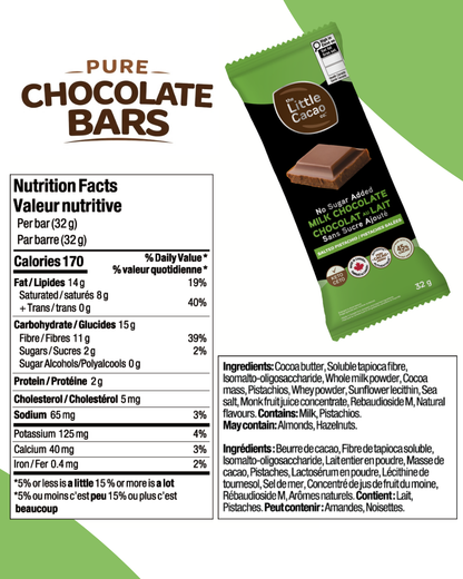 Creamy, Melt-in-your-Mouth Pure Chocolate Bars, Zero Sugar added, High Pre-Biotics Fibre, Milk Chocolate Salted Pistachio, High Antioxidants (12x32g)