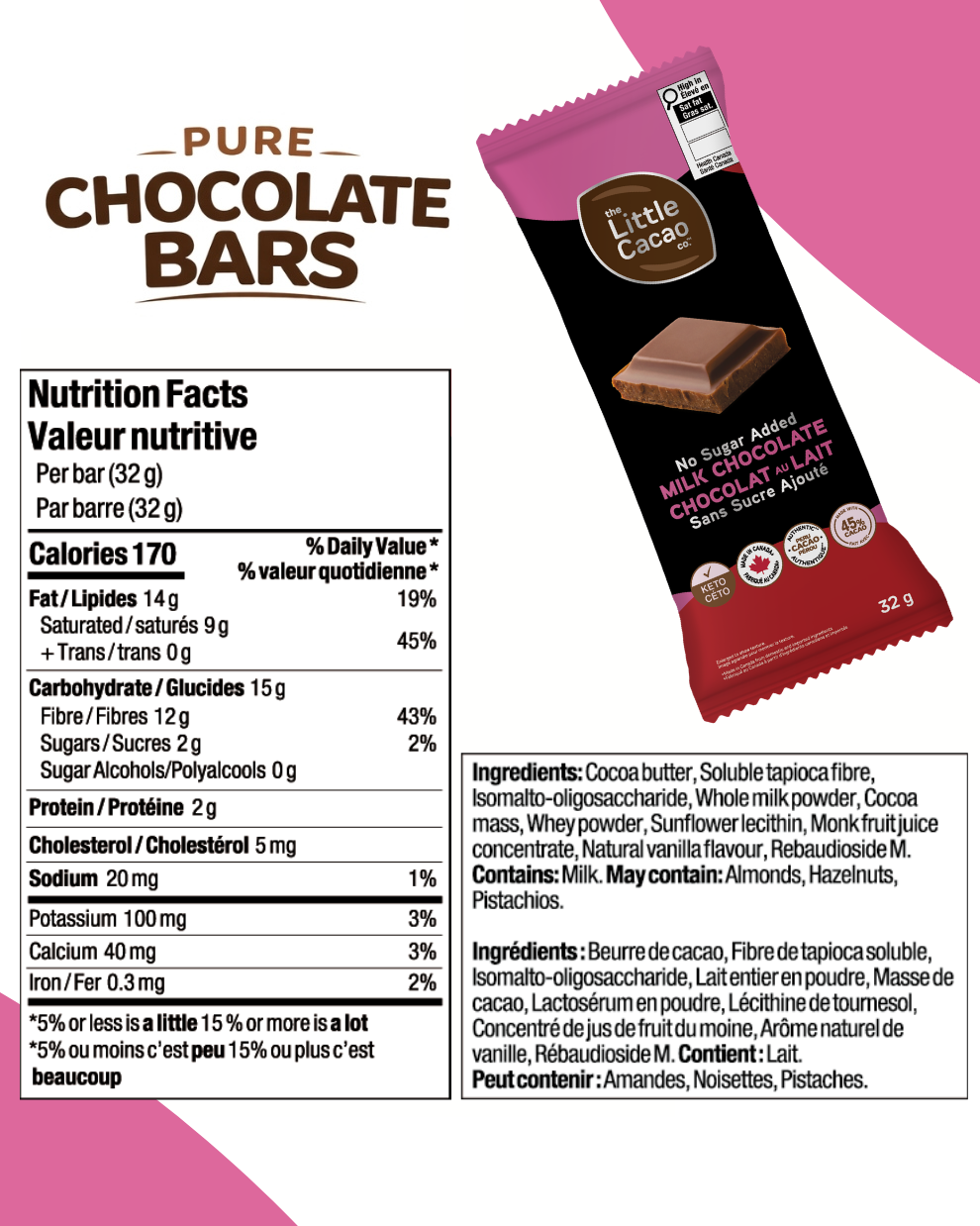 Creamy, Melt-in-your-Mouth Pure Chocolate Bars, Zero Sugar added, High Pre-Biotics Fibre, Milk Chocolate, High Antioxidants (12x32g)