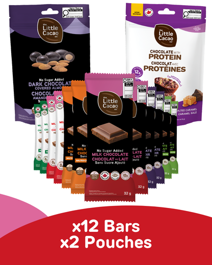 Creamy Pure Chocolate Starter Pack, Zero Sugar Added, +High Protein, High Pre-Biotic Fibre, VARIETY (12x Bars, 1x Salted Caramel Mini Cups, 1x Dark Chocolate Covered Almonds)