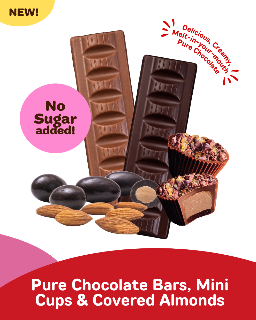 Creamy Pure Chocolate Starter Pack, Zero Sugar Added, +High Protein, High Pre-Biotic Fibre, VARIETY (12x Bars, 1x Salted Caramel Mini Cups, 1x Dark Chocolate Covered Almonds)